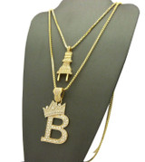 14K Gold Plated Electric Power Plug & King 'B' Pendant Necklace Set 04