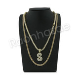 S INITIAL BUBBLE PENDANT W/ 24" MIAMI CUBAN /18" TENNIS CHAIN NECKLACE S INITIAL BUBBLE PENDANT W/ 24" MIAMI CUBAN /18" TENNIS CHAIN NECKLACE