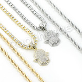 GOLD HAMSA HAND PENDANT W/ 24" ROPE /18" TENNIS CHAIN NECKLACE S09 GOLD HAMSA HAND PENDANT W/ 24" ROPE /18" TENNIS CHAIN NECKLACE S09