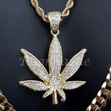 MARIJUANA CHARM ROPE CHAIN DIAMOND CUT 30" CUBAN CHAIN NECKLACE SET G18