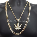 MARIJUANA CHARM ROPE CHAIN DIAMOND CUT 30" CUBAN CHAIN NECKLACE SET G18