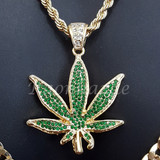 MENS MARIJUANA CHARM ROPE CHAIN DIAMOND CUT 30" CUBAN CHAIN NECKLACE SET G42