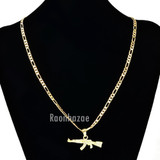 MEN'S GOLD AK-47 RIFLE GUN PENDANT W 5mm 24" BRASS FIGARO CHAIN NECKLACE K434G