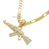 MEN'S GOLD AK-47 RIFLE GUN PENDANT W 5mm 24" BRASS FIGARO CHAIN NECKLACE K434G