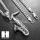 316L Stainless steel Silver Bling Saxophone w/ 5mm Cuban Chain SG8 316L Stainless steel Silver Bling Saxophone w/ 5mm Cuban Chain SG8