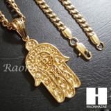 316L Stainless steel Gold Hamsa Pendant w/ 5mm Cuban Chain SG017