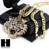 MENS HIP HOP TIGER PENDANT & DIAMOND CUT CUBAN LINK CHAIN NECKLACE NN57
