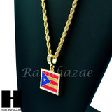 HIP HOP PUERTO RICO BORICUA FLAG CZ PENDANT w/ 4mm 24" ROPE NECKLACE CHAIN S239
