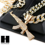 Hip Hop 14k Gold Plated AK47 GUN Pave Pendant 30" Cuban Link Chain N09