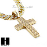 Hip Hop 14k Gold Plated 2Pac Cross PAVE Pendant 30" Cuban Link Chain N1