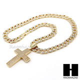 Hip Hop 14k Gold Plated 2Pac Cross PAVE Pendant 30" Cuban Link Chain N1