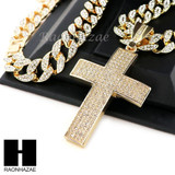 Hip Hop 14k Gold Plated 2Pac Cross PAVE Pendant 30" Cuban Link Chain N1