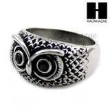 MEN STAINLESS STEEL HIP HOP ANTIQUE SILVER TONE OWL w/ ONYX RING 8-12 SR027CL