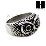 MEN STAINLESS STEEL HIP HOP ANTIQUE SILVER TONE OWL w/ ONYX RING 8-12 SR027CL