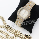 HIP HOP RAONHAZAE GOLD FINISHED LAB DIAMOND WATCH CUBAN CHAIN SET16