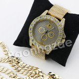 HIP HOP RAONHAZAE GOLD FINISHED LAB DIAMOND WATCH CUBAN CHAIN SET13