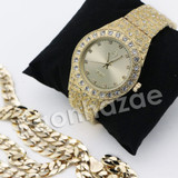 HIP HOP RAONHAZAE GOLD FINISHED LAB DIAMOND WATCH CUBAN CHAIN SET13