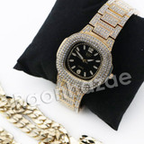 HIP HOP RAONHAZAE GOLD FINISHED LAB DIAMOND WATCH CUBAN CHAIN SET10