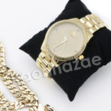 HIP HOP RAONHAZAE GOLD FINISHED LAB DIAMOND WATCH CUBAN CHAIN SET8