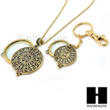 Gold 5X Magnifying Glass Round Filigree Key Chain Pendant Chain Necklace Set SJ3G
