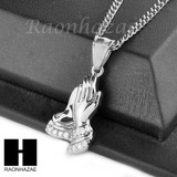 MENS STAINLESS STEEL PRAYING HANDS PENDANT 24" CUBAN NECKLACE SET NP001