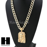 Hip Hop 14k Gold Plated Jesus Face PAVE Pendant 30" Cuban Link Chain N4