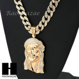 Hip Hop 14k Gold Plated Jesus Face PAVE Pendant 30" Cuban Link Chain N5