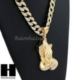 Hip Hop 14k Gold Plated Praying Hands Pendant 30" Cuban Link Chain N07