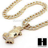 Hip Hop 14k Gold Plated Praying Hands Pendant 30" Cuban Link Chain N07