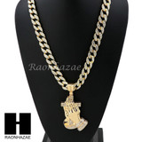 Hip Hop 14k Gold Plated Praying Hands Pendant 30" Cuban Link Chain N07