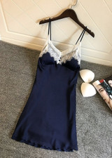 Lace Trim Satin V Neck Spaghetti Straps Camisole Dress With Button/Free Shipping