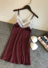 Lace Trim Satin V Neck Spaghetti Straps Camisole Dress With Button/Free Shipping