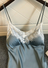 Lace Trim Satin V Neck Spaghetti Straps Camisole Dress With Button/Free Shipping