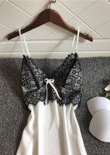Lace Trim Bowknot Satin V Neck Spaghetti Straps Night Dress/Free Shipping