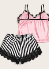 Eyelash Lace Camisole Stripes Pants Lingerie Underwear Two Piece Cami Set/Free Shipping