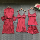 Satin Lace Trim Lingerie Sleepwear 4 Pieces Set/Free Shipping