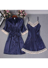 Lace Trim Satin Half Sleeve Lingerie Sleepwear 2 Pieces Set/Free Shipping