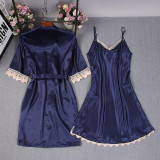 Lace Trim Satin Half Sleeve Lingerie Sleepwear 2 Pieces Set/Free Shipping