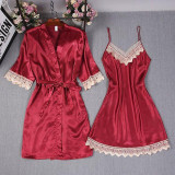 Lace Trim Satin Half Sleeve Lingerie Sleepwear 2 Pieces Set/Free Shipping