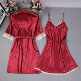 Lace Trim Satin Half Sleeve Lingerie Sleepwear 2 Pieces Set/Free Shipping