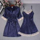 Lace Trim Satin Half Sleeve Lingerie Sleepwear 2 Pieces Set/Free Shipping