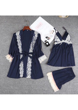 Satin Lace Trim Half Sleeve Lingerie Sleepwear 3 Pieces Set/Free Shipping