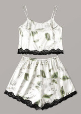 Plus Size Leaves Printed  Lace Trim Pajamas Two Piece Cami Set/Free Shipping