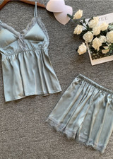 Satin Lingerie Sleepwear Lace Trim Pajamas Set/Free Shipping