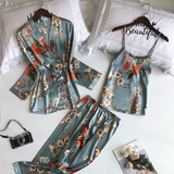 Silk Floral Printed Lingerie Sleepwear 3 Piece Set/Free Shipping