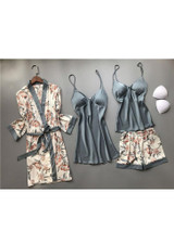 Peony Printed Printed Silk  Lingerie Sleepwear 4 Piece Set/Free Shipping