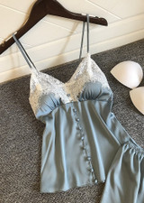 V-Neck Silk Eyelash  Camisole  Lingerie Sleepwear Set With Button/Free Shipping