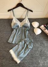 V-Neck Silk Eyelash  Camisole  Lingerie Sleepwear Set With Button/Free Shipping