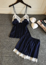 V-Neck Silk Eyelash  Camisole  Lingerie Sleepwear Set With Button/Free Shipping