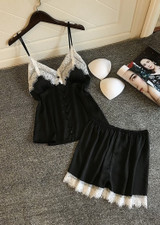 V-Neck Silk Eyelash  Camisole  Lingerie Sleepwear Set With Button/Free Shipping